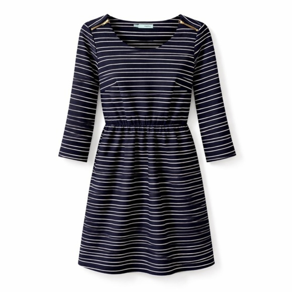 Maurice- Navy Striped Dress. Zippered shoulder detail and pockets.  Size Medium